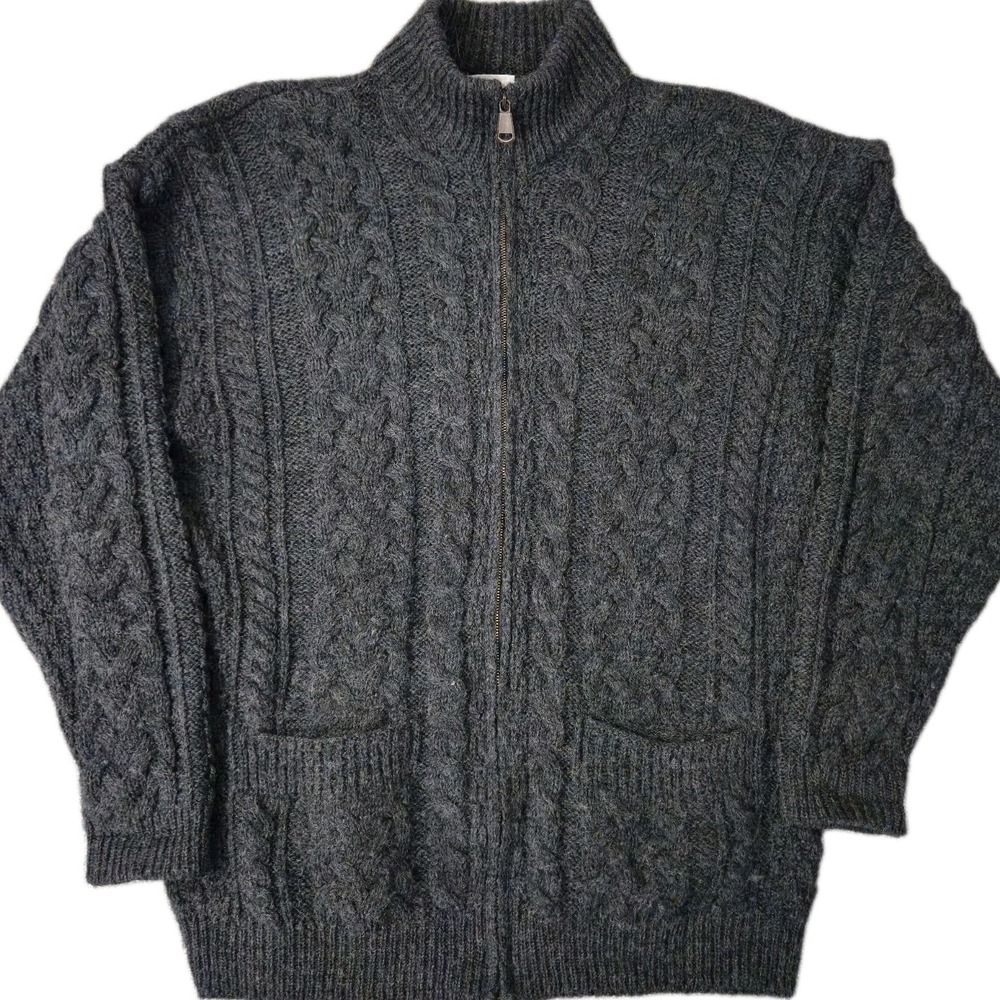 Shannon Woolen Mills Gray Cable Knit Wool Full Zip Cardigan Sweater Size M Irish